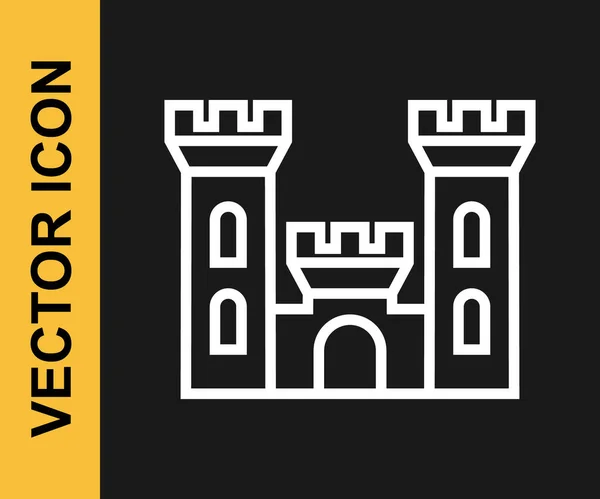 Icono del Castillo de línea blanca aislado sobre fondo negro. Fortaleza medieval con torre. Protección de los enemigos. Fiabilidad y defensa de la ciudad. Vector — Vector de stock