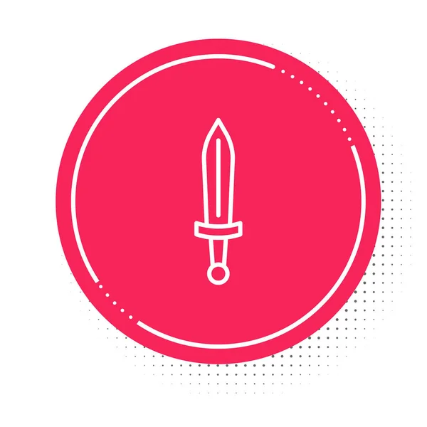 Linea bianca Icona della spada medievale isolata su sfondo bianco. Arma medievale. Pulsante cerchio rosso. Vettore — Vettoriale Stock