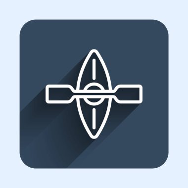 Beyaz çizgi kano ve kürek ikonu uzun gölge arkaplanı ile izole edildi. Balıkçılık ve turizm için kano. Açık hava aktiviteleri. Mavi kare düğme. Vektör