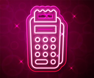 Parlak neon hattı POS terminali, eklenen kredi kartı ve yazdırılan alıcı simgesi kırmızı arkaplanda izole edildi. NFC ödeme konsepti. Vektör