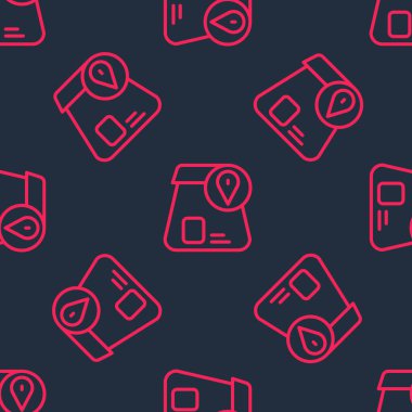 İnternetten sipariş edilen kırmızı hat ve fast food dağıtım ikonu siyah arka planda izole edilmiş. Vektör