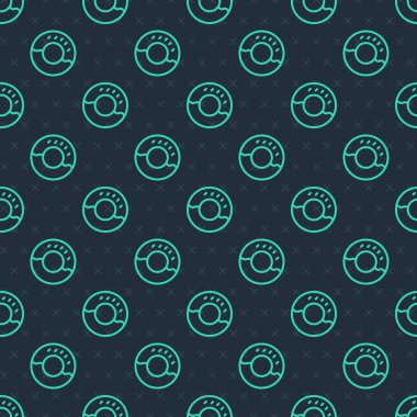 Yeşil çizgili donut, tatlı simgeli, mavi arka planda izole edilmiş, pürüzsüz desen. Vektör