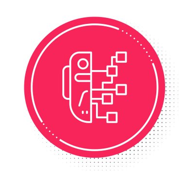 Beyaz çizgi İnsansı robot simgesi beyaz arkaplanda izole edildi. Yapay zeka, makine öğrenme, bulut hesaplama. Kırmızı daire düğmesi. Vektör