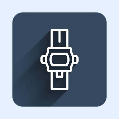 Beyaz çizgi bilek izleme simgesi uzun gölge arkaplan izole. Kol saati simgesi. Mavi kare düğme. Vektör