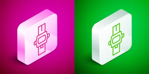 Isometric line Wrist watch icon isolated on pink and green background. Wristwatch icon. Silver square button. Vector — Stock Vector