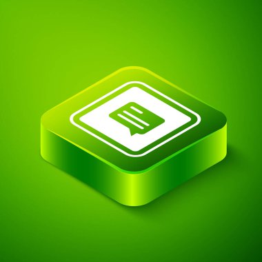 Yeşil arkaplanda izole edilmiş altyazı simgesine sahip Isometric Video. Yeşil kare düğmesi. Vektör