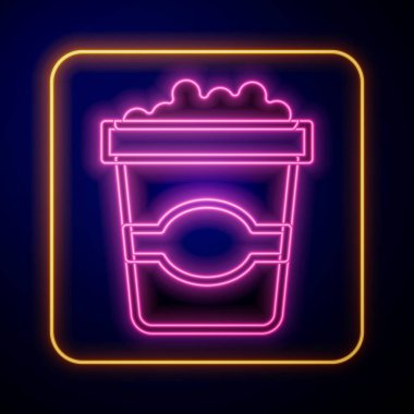 Siyah arka planda izole edilmiş karton kutuda parlayan neon patlamış mısır. Patlamış mısır kutusu. Vektör