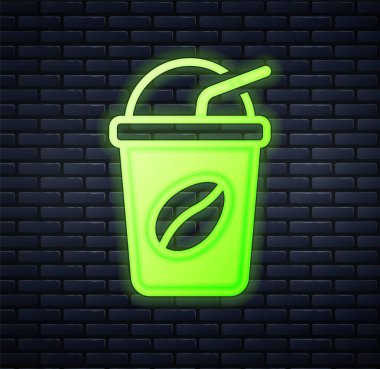 Parlayan neon buzlu kahve ikonu tuğla duvar arkasında izole edilmiş. Vektör