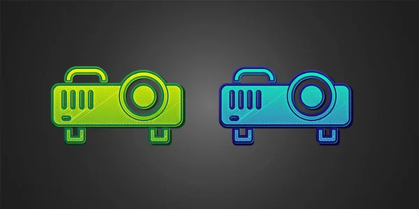 Verde y azul Presentación, película, película, media proyector icono aislado sobre fondo negro. Vector — Vector de stock