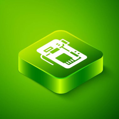 Isometric Electronic bilgisayar bileşenleri anakart dijital çip entegre bilim ikonu yeşil arka planda izole. Devre kartı. Yeşil kare düğmesi. Vektör