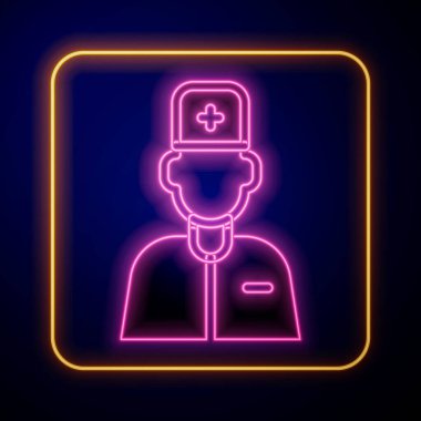 Parlayan neon renkli erkek doktor ikonu siyah arka planda izole edildi. Vektör
