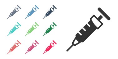 Beyaz arka planda siyah şırınga simgesi izole edildi. Aşı için şırınga, aşı, iğne, grip aşısı. Tıbbi ekipman. Simgeleri renklendirin. Vektör