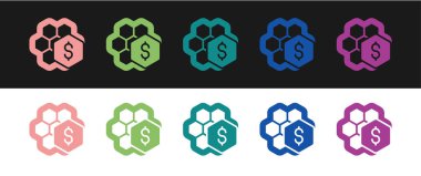 Siyah ve beyaz arkaplanda izole edilmiş bal peteği simgesi satışını ayarla. Bal hücrelerinin sembolü. Tatlı doğal yemek. Vektör