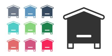 Beyaz arka planda izole edilmiş arılar için Siyah Kovan. Arı kovanı sembolü. Apiary ve arı yetiştiriciliği. Tatlı doğal yemek. Simgeleri renklendirin. Vektör