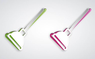 Gri arka planda izole edilmiş boru temizleme ikonu için tahta saplı kağıt kesiği kauçuk pompası. Tuvalet pompası. Kağıt sanatı tarzı. Vektör