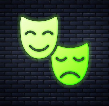 Parlak neon komedi ve trajedi teatral maske ikonu tuğla duvar arkasında izole edildi. Vektör