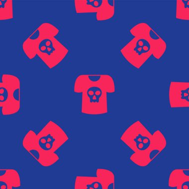 Kırmızı gömlekli, kafatası ikonlu, mavi arka planda lekesiz desen var. Mutlu Cadılar Bayramı Partisi. Vektör