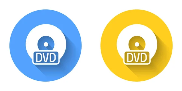 Vit CD eller DVD-skiva ikon isolerad med lång skugga bakgrund. Kompakt skivskylt. Cirkelknappen. Vektor — Stock vektor