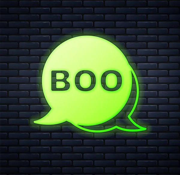 Brilhante neon Boo ícone de bolha discurso isolado no fundo da parede de tijolo. Feliz festa de Halloween. Vetor —  Vetores de Stock