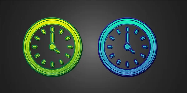 緑と青の時計のアイコンは黒の背景に隔離された。時間の象徴だ。ベクトル — ストックベクタ