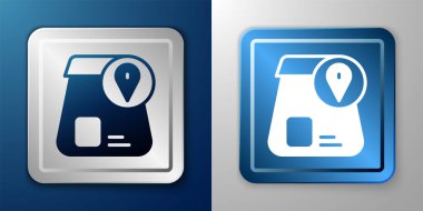 Beyaz Çevrimiçi sipariş ve fast food dağıtım ikonu mavi ve gri arka planda izole edildi. Gümüş ve mavi kare düğme. Vektör