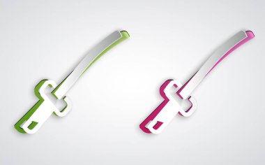 Kağıt kesiği, gri arka planda geleneksel Japon katana simgesi. Japon kılıcı. Kağıt sanatı tarzı. Vektör
