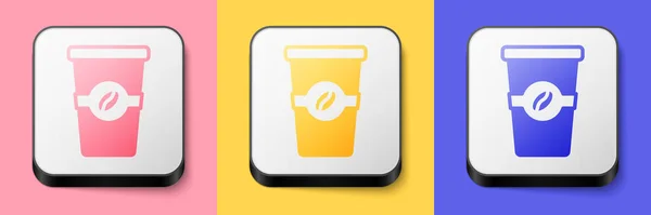 Pembe, sarı ve mavi arka planda izole edilmiş ikon haline getirmek için Isometric kahve fincanı. Kare düğmesi. Vektör — Stok Vektör