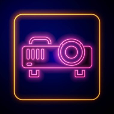 Parlayan neon sunumu, film, film, medya projektör simgesi siyah arkaplanda izole edildi. Vektör