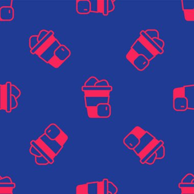 Kırmızı buzlu kahve ikonu mavi arka planda izole edilmiş kusursuz desen. Vektör