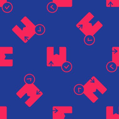 Kırmızı karton kutu simgesi mavi arkaplanda izole edilmiş kusursuz desen. Kutu, paket, paket işareti. Teslimat ve ambalaj. Vektör