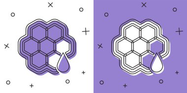 Beyaz ve mor arkaplanda bal peteği simgesini ayır. Bal hücrelerinin sembolü. Tatlı doğal yemek. Vektör