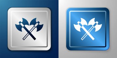 Beyaz Haç Ortaçağ balta simgesi mavi ve gri arkaplanda izole edilmiş. Savaş baltası, cellat baltası. Ortaçağ silahı. Gümüş ve mavi kare düğme. Vektör