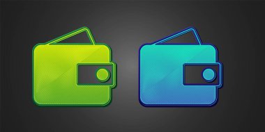 Siyah arkaplanda yeşil ve mavi cüzdan simgesi var. Çanta ikonu. Nakit tasarruf sembolü. Vektör