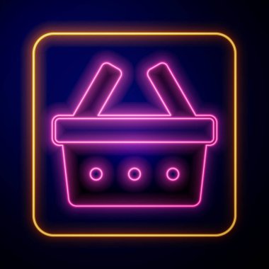 Parlayan neon sepet ikonu siyah arka planda izole edildi. İnternetten satın alma konsepti. Servis tabelası. Alışveriş arabası sembolü. Vektör