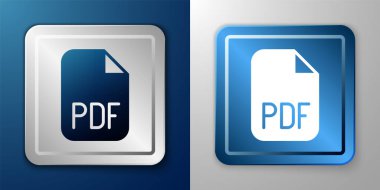 Beyaz PDF dosya belgesi. Mavi ve gri arkaplanda pdf simgesi indir. PDF dosya simgesi. Gümüş ve mavi kare düğme. Vektör