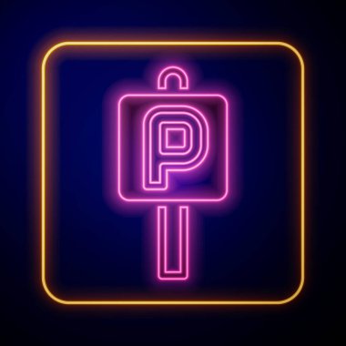Siyah arkaplanda parlayan neon park simgesi izole edildi. Sokak tabelası. Vektör