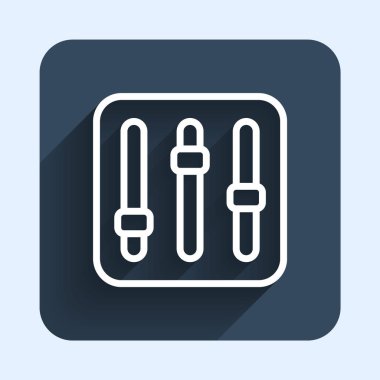 Beyaz çizgi Ses Karıştırıcı simgesi uzun gölge arkaplanı ile izole edildi. DJ ekipman kaydırma düğmeleri. Konsol karıştırılıyor. Mavi kare düğme. Vektör