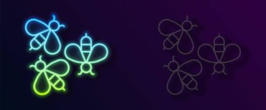 Parlayan neon çizgisi simgesi siyah arkaplanda izole edildi. Tatlı doğal yemek. Bal arısı ya da kanat sembollü apis. Uçan böcek. Vektör