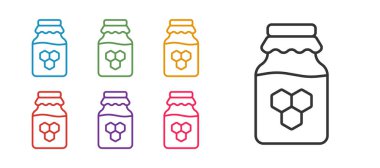 Beyaz arkaplanda bal simgesinin çizgi kavanozunu ayır. Yiyecek bankası. Tatlı doğal gıda sembolü. Simgeleri renklendirin. Vektör