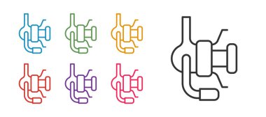 Olta makarasını beyaz arka planda izole edilmiş balık ikonu için ayarla. Balık bobini. Balık oltası. Simgeleri renklendirin. Vektör