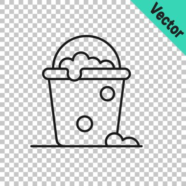 Köpük ve baloncuk ikonlu siyah çizgi kovası şeffaf arkaplanda izole edildi. Temizlik hizmeti konsepti. Vektör