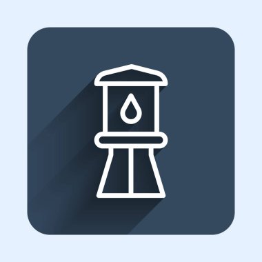 Beyaz çizgi Su Kulesi simgesi uzun gölge arkaplanı ile izole edildi. Mavi kare düğme. Vektör