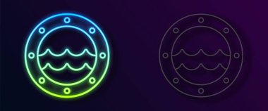 Siyah arka planda izole edilmiş, perçin ve deniz manzaralı parlak neon çizgili gemi penceresi. Vektör