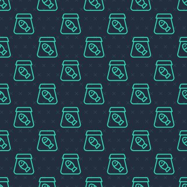 Çevrimiçi yeşil hat, balık ikonlu fast food siparişi ve mavi arka planda izole edilmiş pürüzsüz desen. Vektör