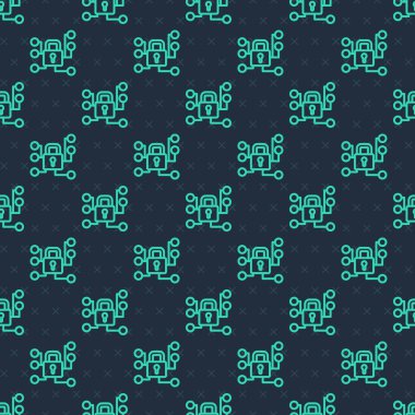 Yeşil çizgi siber güvenlik ikonu mavi arka planda kusursuz desen izole etti. Dijital devre kartında kapalı asma kilit. Güvenlik kavramı. Dijital veri koruması. Vektör