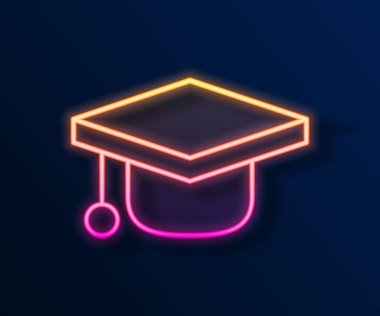 Parlayan neon hattı mezuniyet simgesi siyah arkaplanda izole edildi. Tassel ikonlu mezuniyet şapkası. Vektör