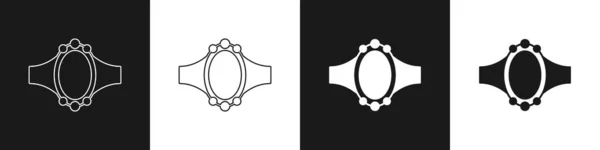 Set Icono de anillo de compromiso Diamond aislado sobre fondo blanco y negro. Vector — Archivo Imágenes Vectoriales