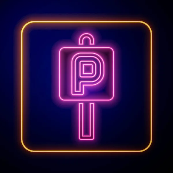 Glödande neon Parkering ikon isolerad på svart bakgrund. Vägskylt. Vektor — Stock vektor