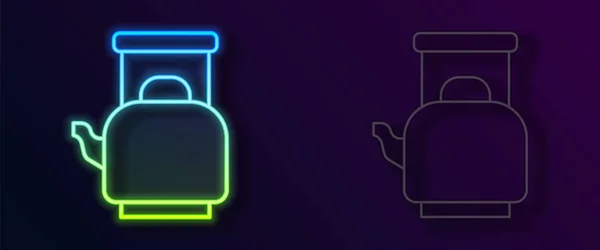 Leuchtende Neon-Linie Wasserkocher mit Griff-Symbol isoliert auf schwarzem Hintergrund. Teekanne vorhanden. Vektor — Stockvektor