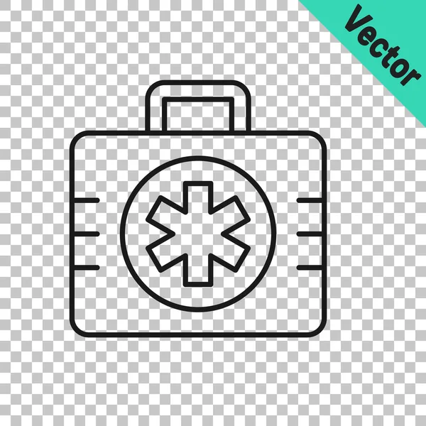 Black line First aid kit icon isolated on transparent background. Medical box with cross. Medical equipment for emergency. Healthcare concept. Vector — Stock Vector